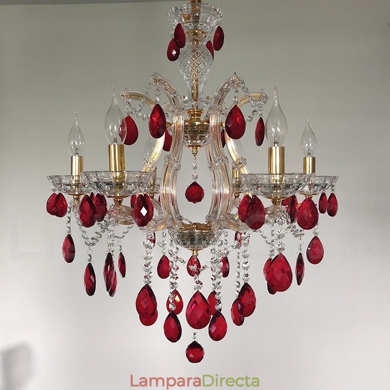 Lámpara de araña dorada de 6 luces con cristal rojo