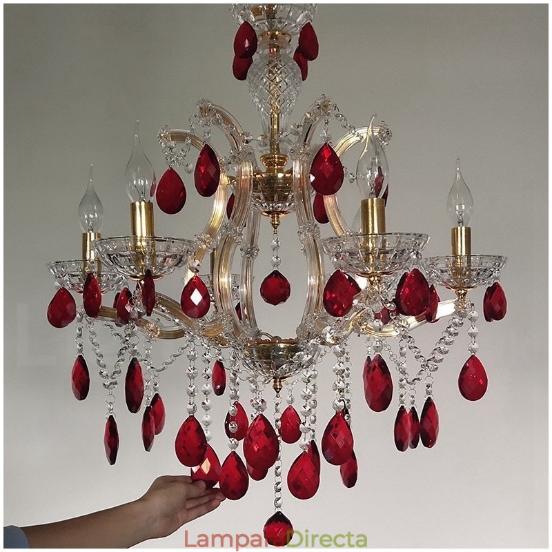 Lámpara de araña dorada de 6 luces con cristal rojo