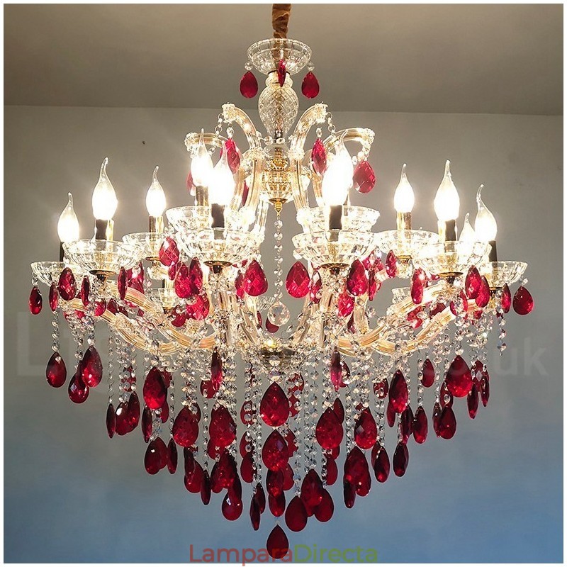 Candelabro dorado de lujo con 18 (12+6) luces de cristal rojo