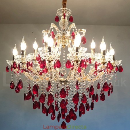 Candelabro dorado de lujo con 18 (12+6) luces de cristal rojo Candelabro dorado de lujo con 18 (12+6) luces de cristal rojo