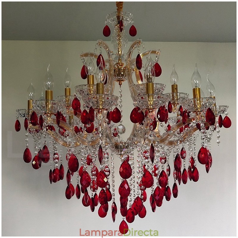Candelabro dorado de lujo con 18 (12+6) luces de cristal rojo
