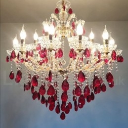 Candelabro dorado de lujo con 18 (12+6) luces de cristal rojo