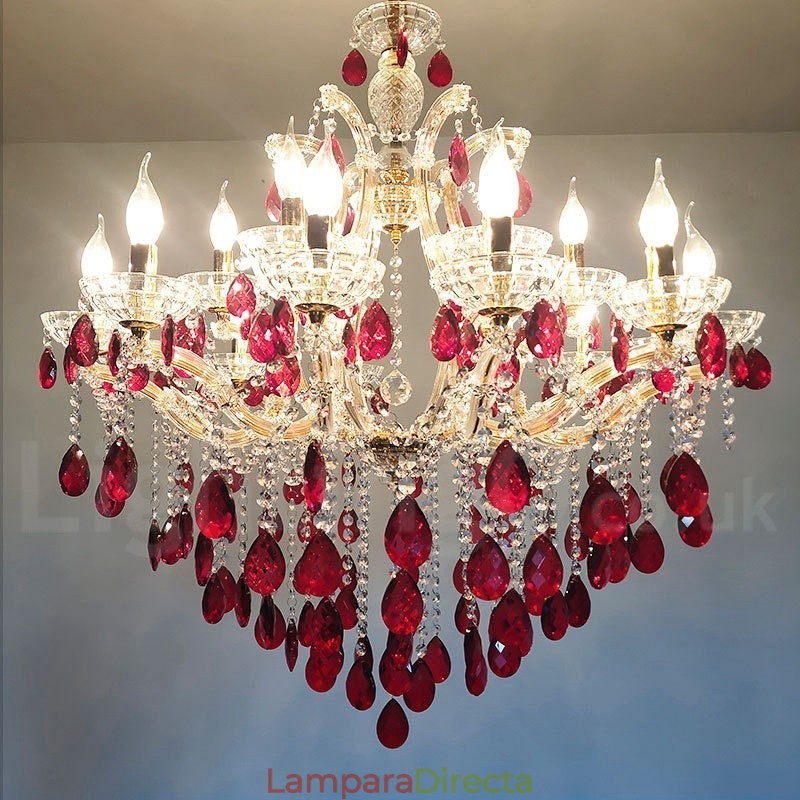 Candelabro dorado de lujo con 18 (12+6) luces de cristal rojo
