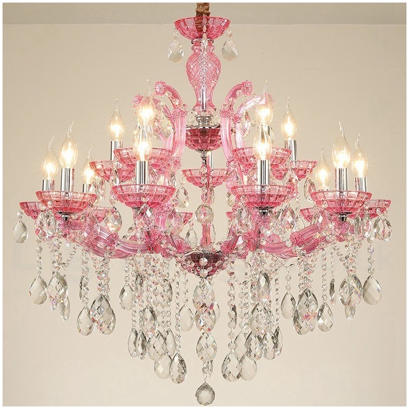 Candelabro de cristal de lujo con 18 (12+6) luces en varios colores y cristal transparente