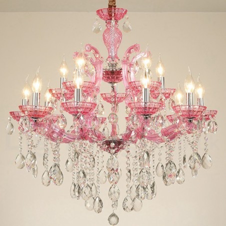 Candelabro de cristal de lujo con 18 (12+6) luces en varios colores y cristal transparente Candelabro de cristal de lujo con 18 (12+6) luces en varios colores y cristal transparente