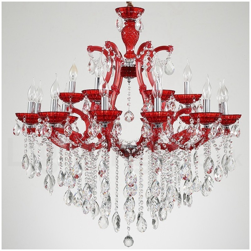 Candelabro de cristal de lujo con 18 (12+6) luces en varios colores y cristal transparente