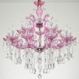 Candelabro de cristal de lujo con 18 (12+6) luces en varios colores y cristal transparente