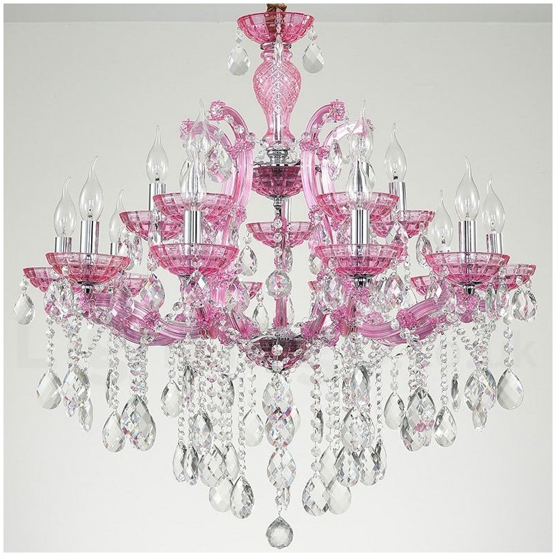 Candelabro de cristal de lujo con 18 (12+6) luces en varios colores y cristal transparente