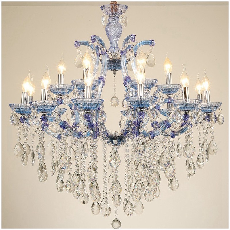 Candelabro de cristal de lujo con 18 (12+6) luces en varios colores y cristal transparente
