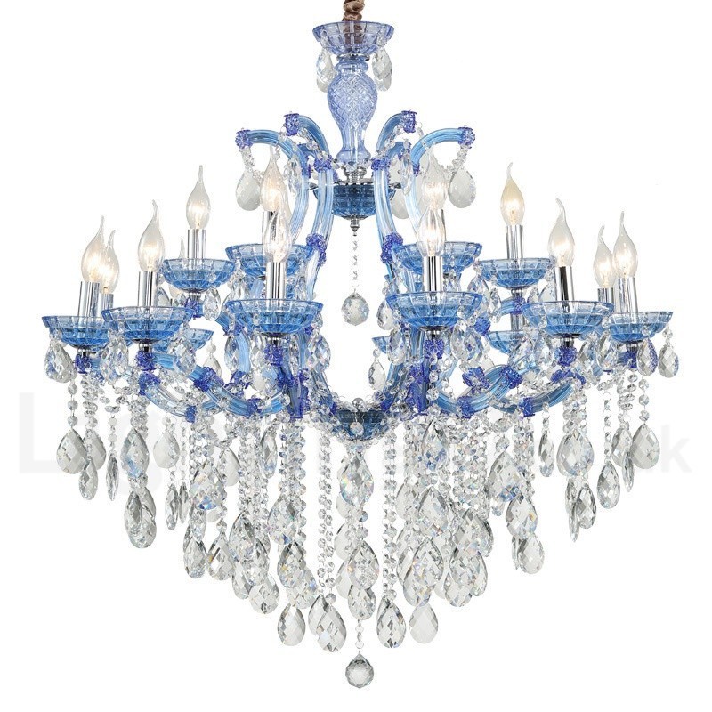 Candelabro de cristal de lujo con 18 (12+6) luces en varios colores y cristal transparente