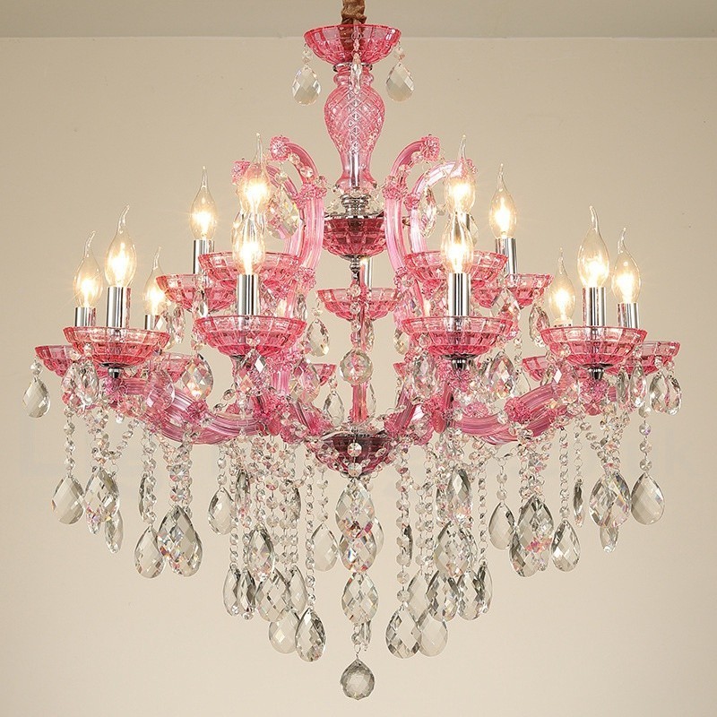 Candelabro de cristal de lujo con 18 (12+6) luces en varios colores y cristal transparente