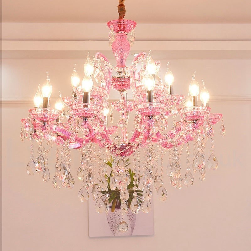 Candelabro de cristal de lujo con 18 (12+6) luces en varios colores y cristal transparente