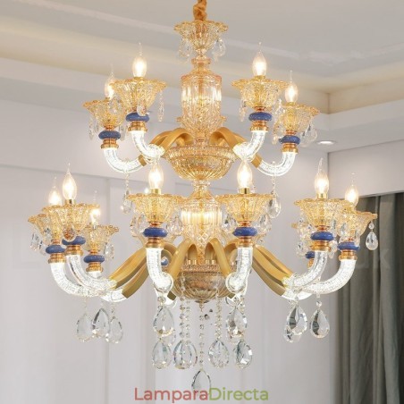 Lámpara de araña contemporánea moderna de 15 (10+5) luces con velas color champán y cristal Lámpara de araña contemporánea moderna de 15 (10+5) luces con velas color champán y cristal