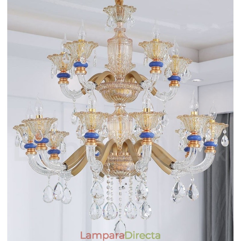 Lámpara de araña contemporánea moderna de 15 (10+5) luces con velas color champán y cristal