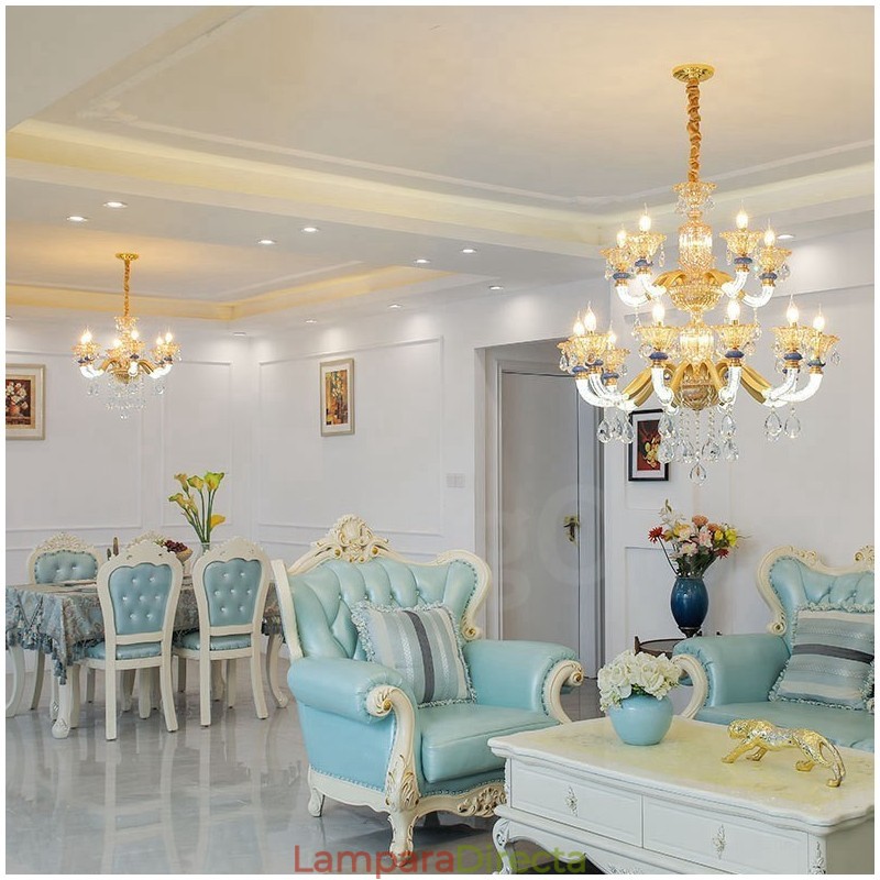 Lámpara de araña contemporánea moderna de 15 (10+5) luces con velas color champán y cristal