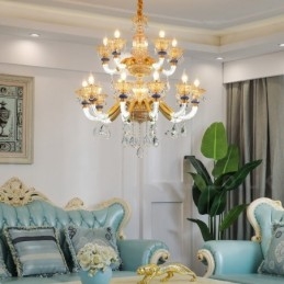 Lámpara de araña contemporánea moderna de 15 (10+5) luces con velas color champán y cristal