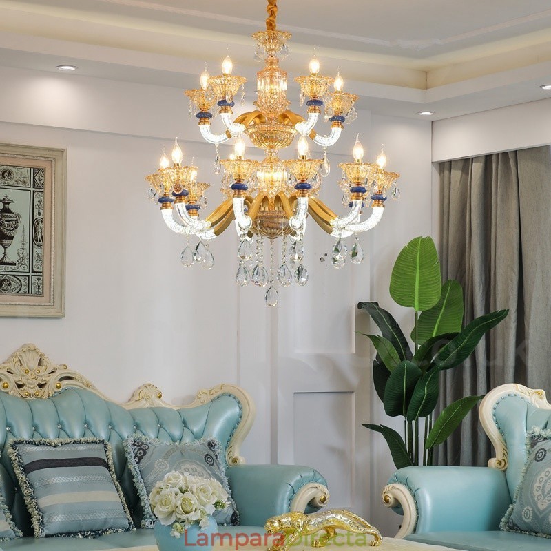 Lámpara de araña contemporánea moderna de 15 (10+5) luces con velas color champán y cristal