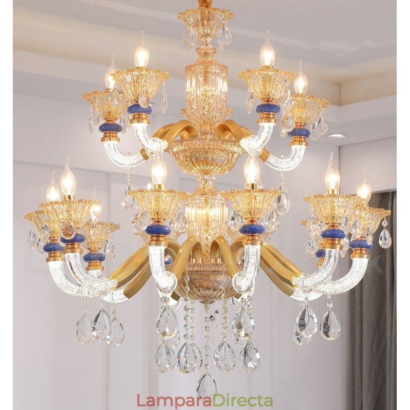 Lámpara de araña contemporánea moderna de 15 (10+5) luces con velas color champán y cristal