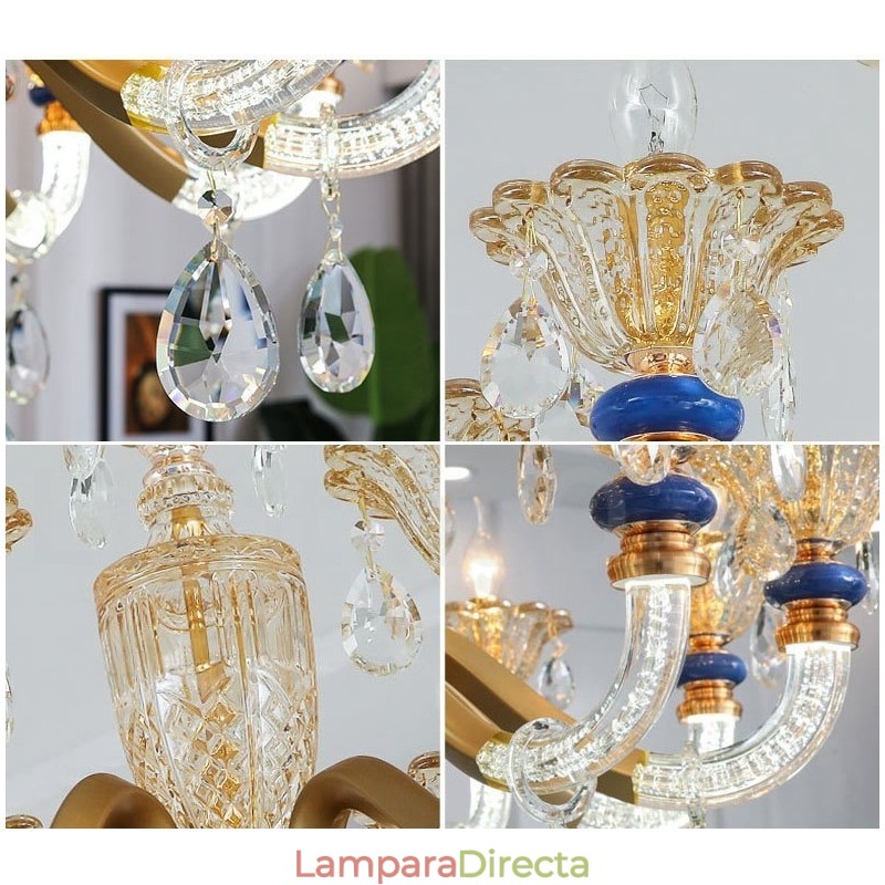 Lámpara de araña contemporánea moderna de 15 (10+5) luces con velas color champán y cristal