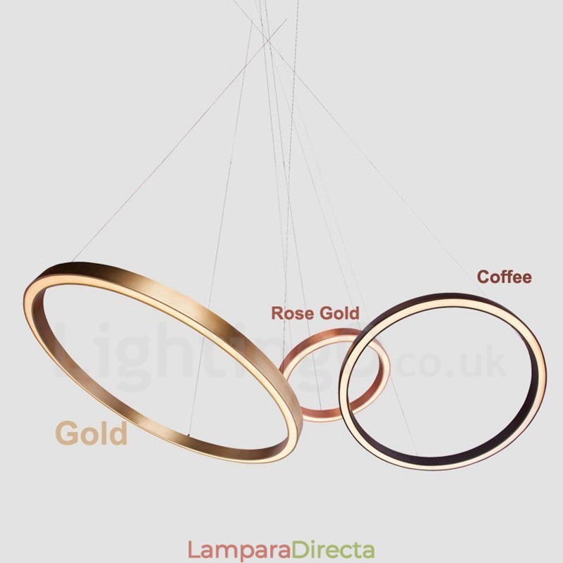 Lámpara colgante moderna contemporánea de aleación de aluminio con 3 anillos, regulable, inteligente, Wi-Fi, color oro rosa y pantalla acrílica.