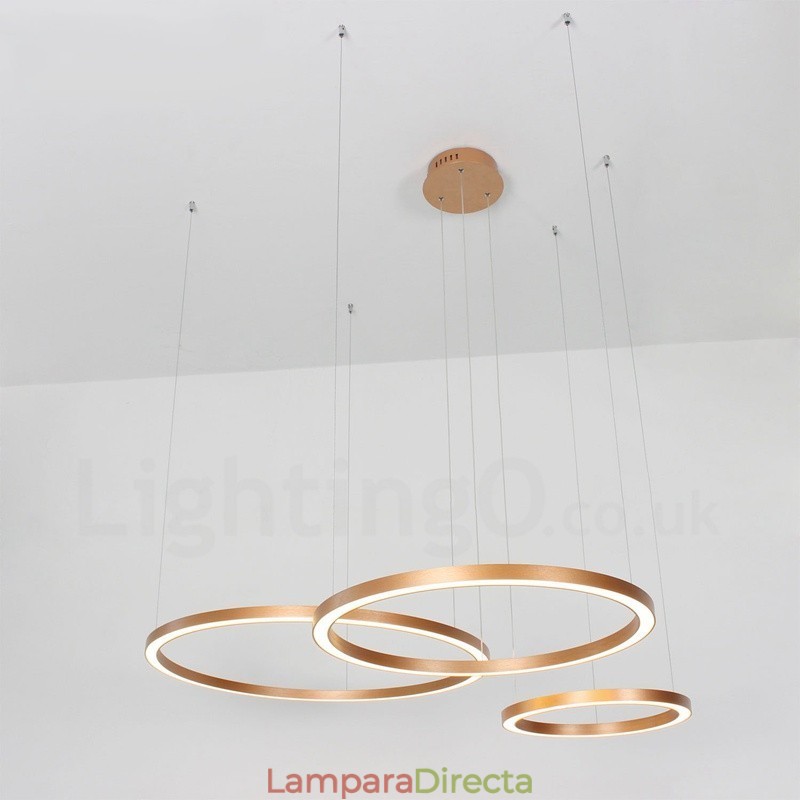 Lámpara colgante moderna contemporánea de aleación de aluminio con 3 anillos, regulable, inteligente, Wi-Fi, color oro rosa y pantalla acrílica.