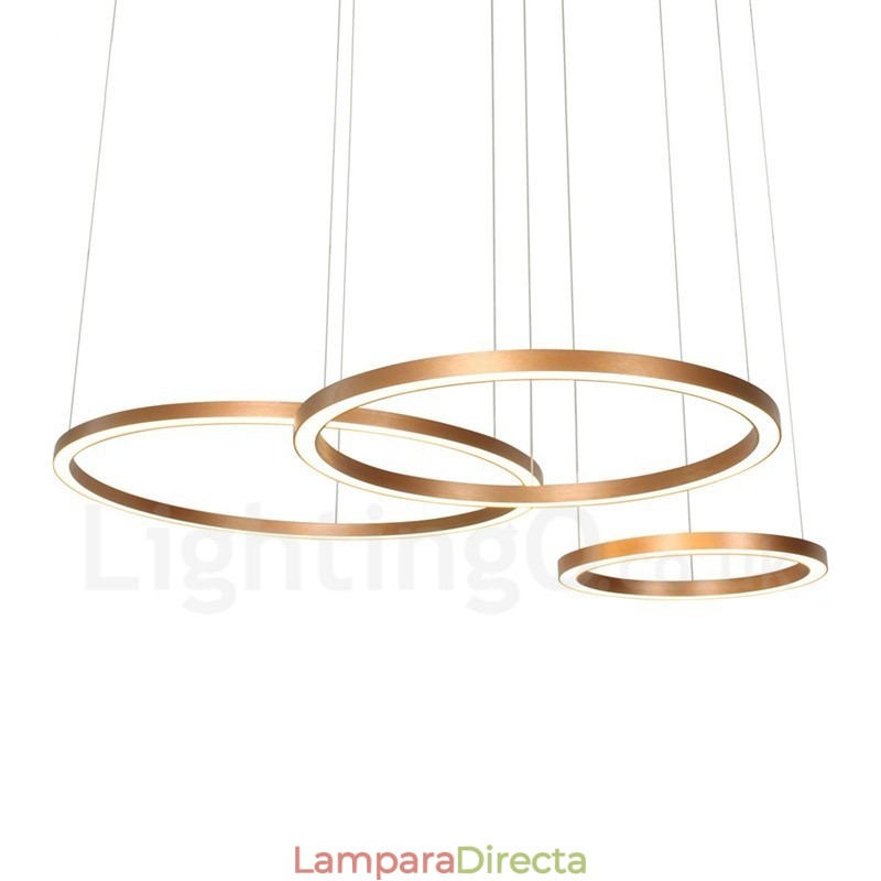Lámpara colgante moderna contemporánea de aleación de aluminio con 3 anillos, regulable, inteligente, Wi-Fi, color oro rosa y pantalla acrílica.