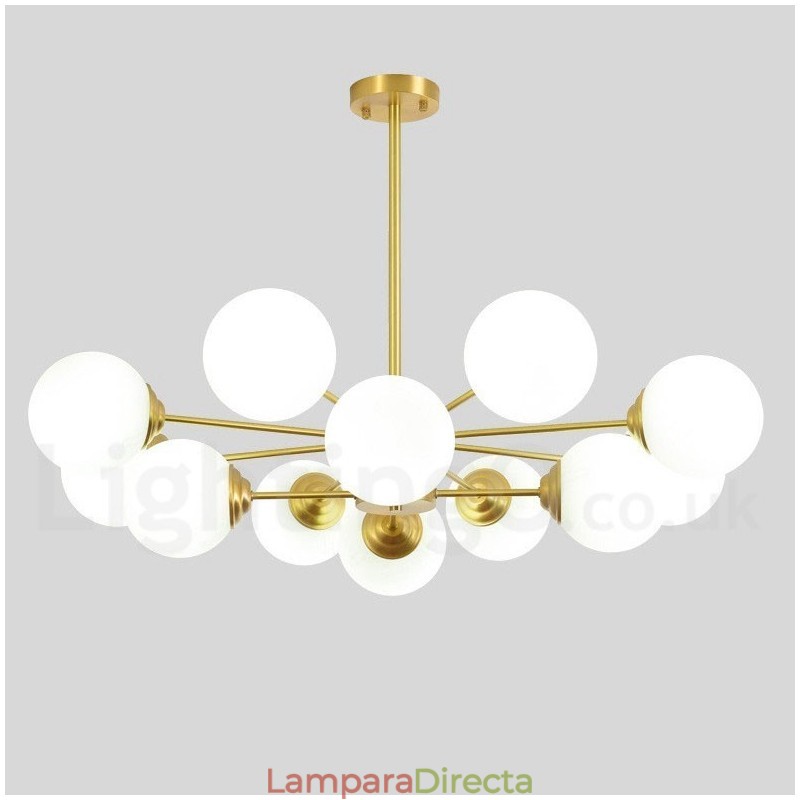 Lámpara colgante moderna de metal con dos niveles, 12 luces (8+4) y diseño de moléculas de latón puro del norte de Europa