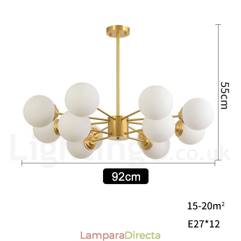 Lámpara colgante moderna de metal con dos niveles, 12 luces (8+4) y diseño de moléculas de latón puro del norte de Europa