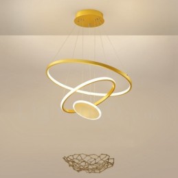 Lámpara colgante de tres círculos, diseño moderno, tres anillos dorados con control remoto