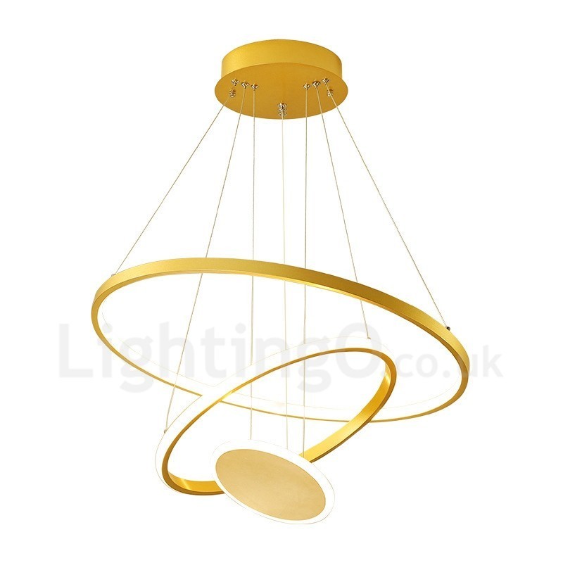 Lámpara colgante de tres círculos, diseño moderno, tres anillos dorados con control remoto