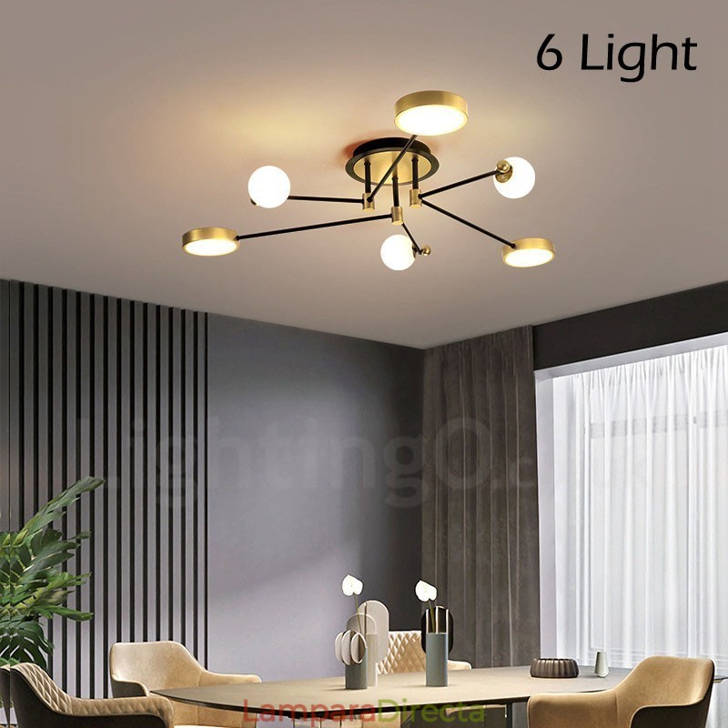Lámpara de araña moderna de metal con techo negro y dorado