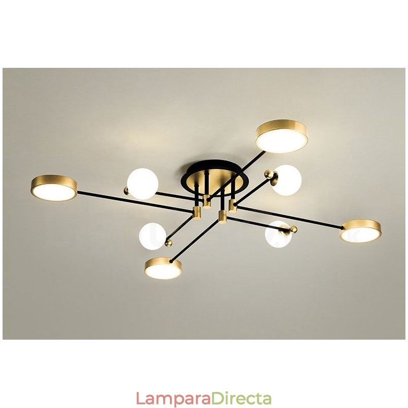 Lámpara de araña moderna de metal con techo negro y dorado