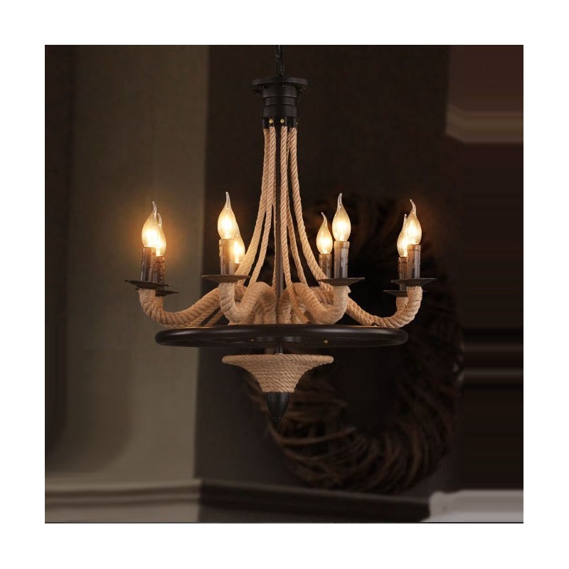 Lámpara colgante de cuerda de cáñamo de estilo industrial con 8 velas