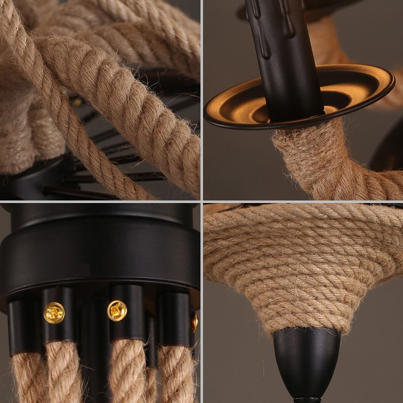 Lámpara colgante de cuerda de cáñamo de estilo industrial con 8 velas