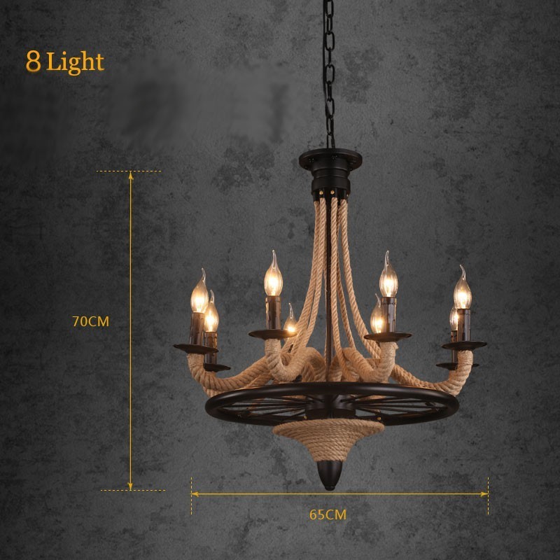 Lámpara colgante de cuerda de cáñamo de estilo industrial con 8 velas