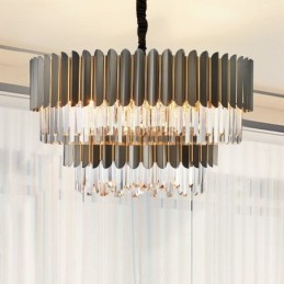 Lámpara colgante de cristal K9 redondo, de lujo, posmoderna, de dos niveles, en negro y dorado