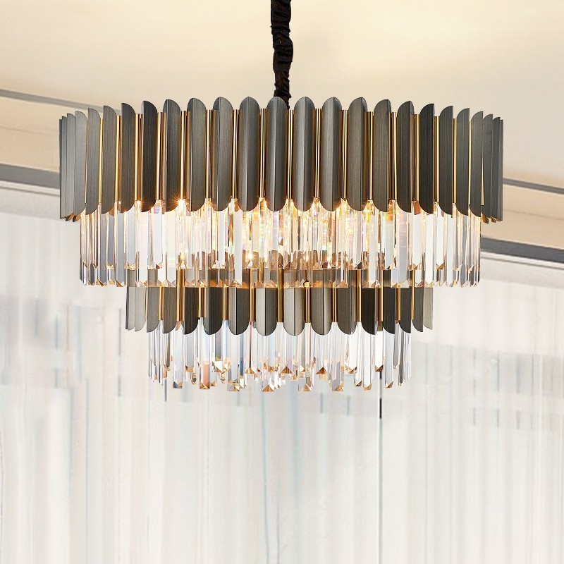 Lámpara colgante de cristal K9 redondo, de lujo, posmoderna, de dos niveles, en negro y dorado