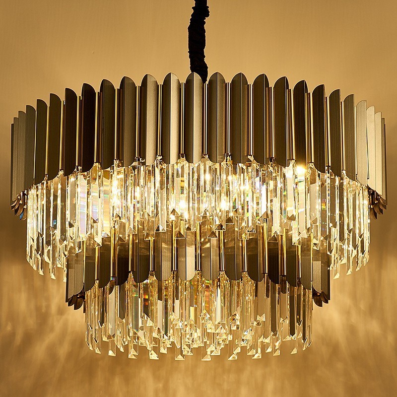 Lámpara colgante de cristal K9 redondo, de lujo, posmoderna, de dos niveles, en negro y dorado