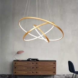 Lámpara colgante regulable con control remoto, diseño moderno dorado, tres anillos.