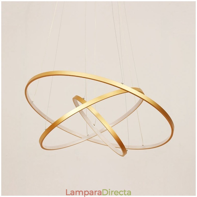 Lámpara colgante regulable con control remoto, diseño moderno dorado, tres anillos.