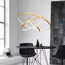 Lámpara colgante regulable con control remoto, diseño moderno dorado, tres anillos.