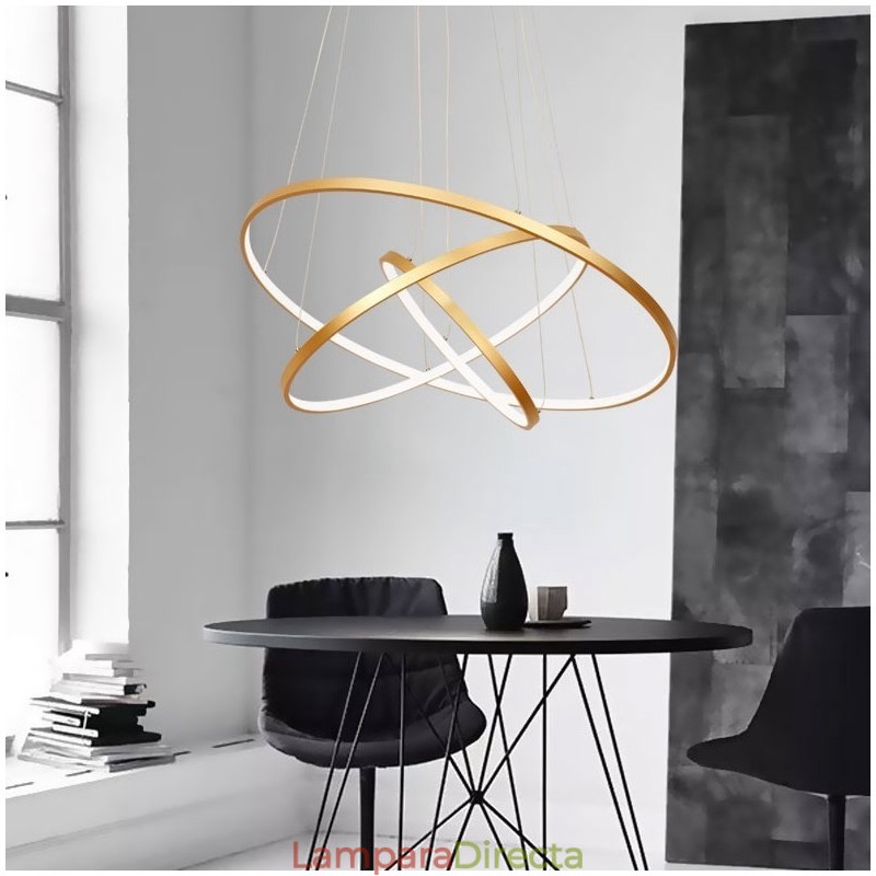 Lámpara colgante regulable con control remoto, diseño moderno dorado, tres anillos.
