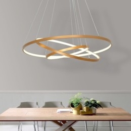 Lámpara colgante regulable con control remoto, diseño moderno dorado, tres anillos.