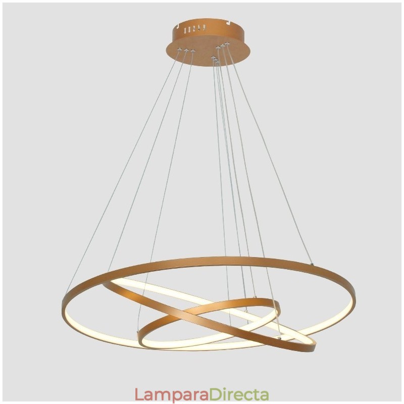 Lámpara colgante regulable con control remoto, diseño moderno dorado, tres anillos.