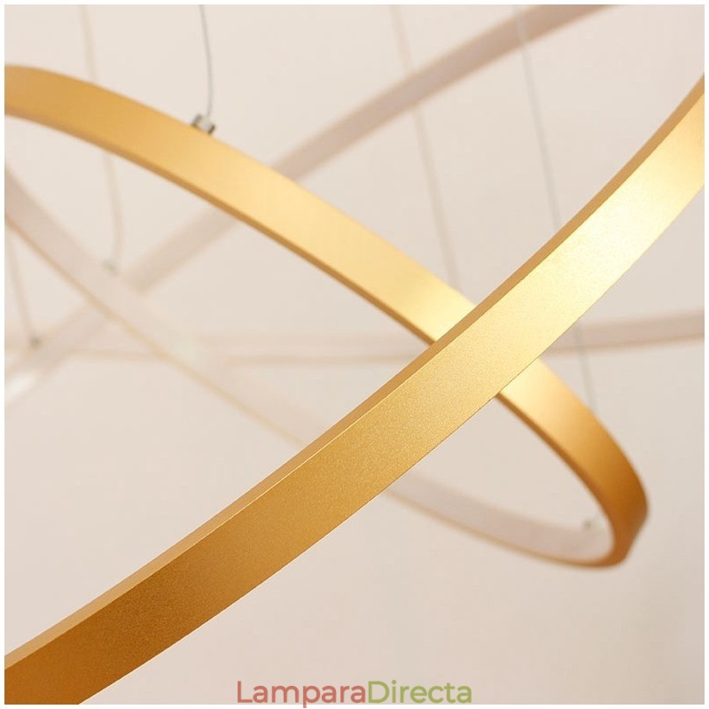 Lámpara colgante regulable con control remoto, diseño moderno dorado, tres anillos.