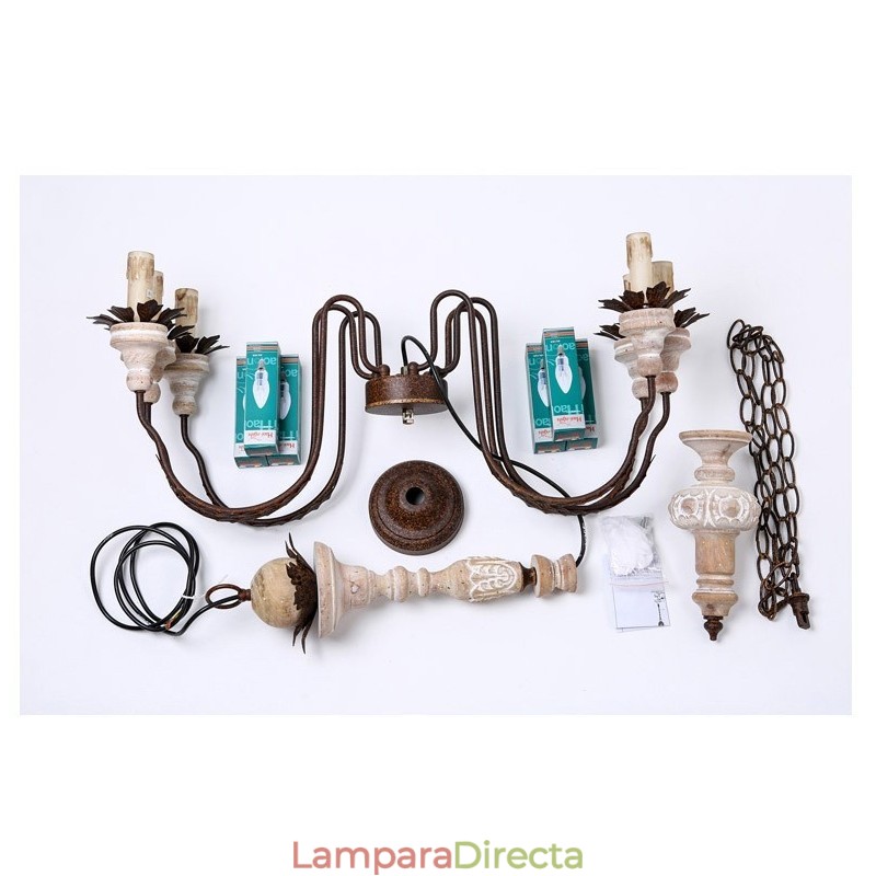 Lámpara de araña de madera vintage de estilo campestre con 6 luces