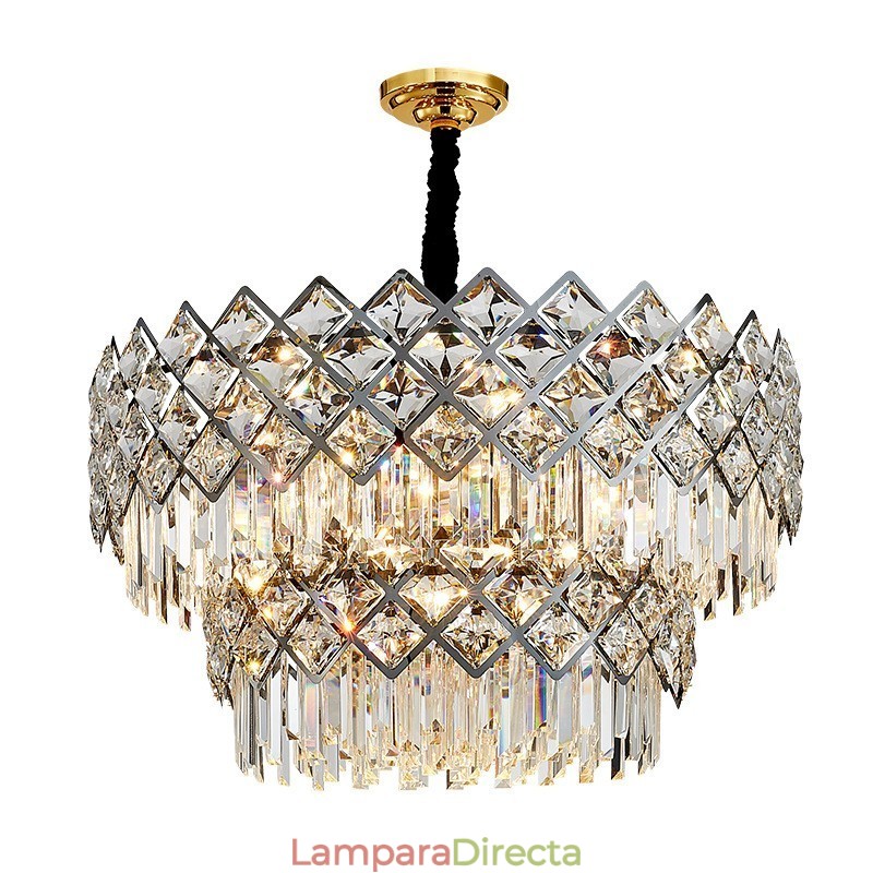 Lámpara colgante de cristal K9 redondo, de lujo, posmoderna, de dos niveles, en negro y dorado