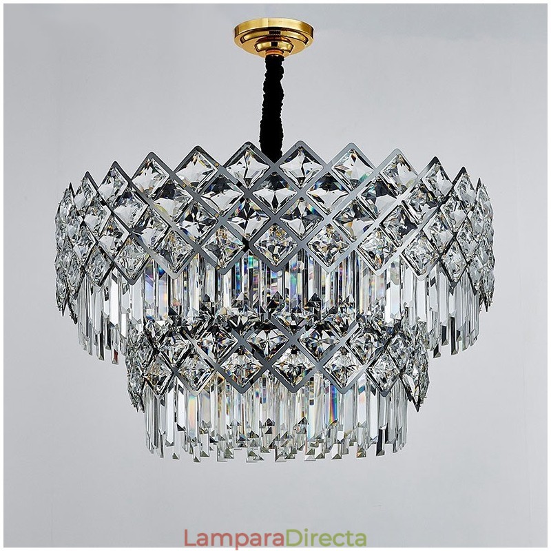 Lámpara colgante de cristal K9 redondo, de lujo, posmoderna, de dos niveles, en negro y dorado