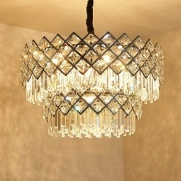 Lámpara colgante de cristal K9 redondo, de lujo, posmoderna, de dos niveles, en negro y dorado
