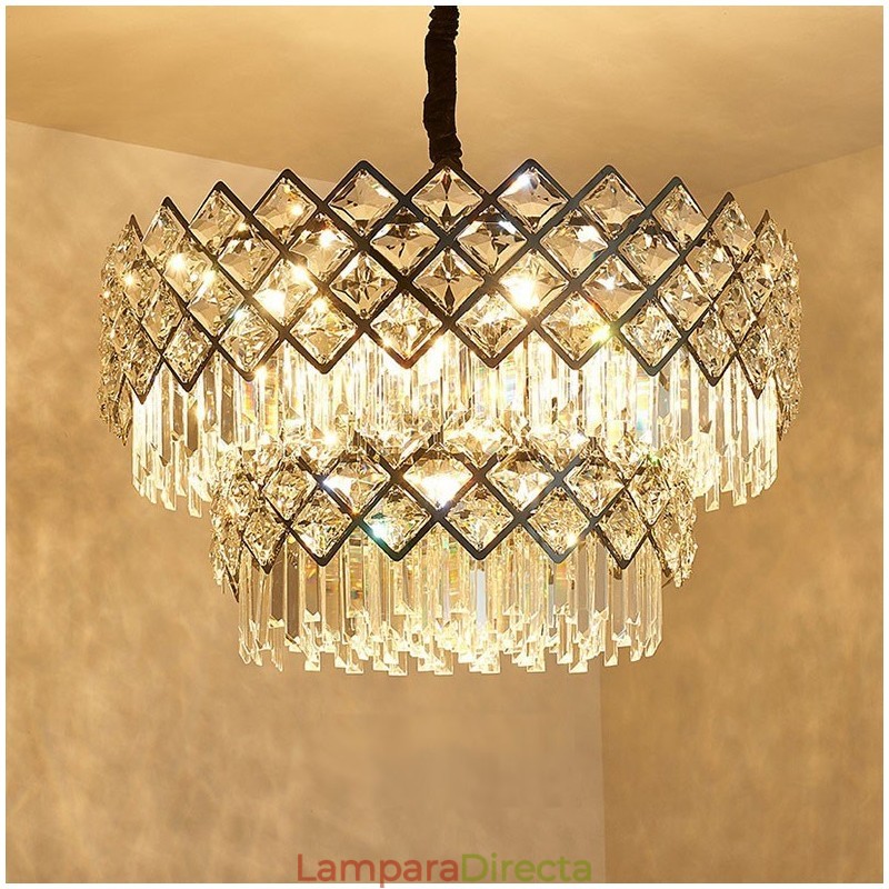 Lámpara colgante de cristal K9 redondo, de lujo, posmoderna, de dos niveles, en negro y dorado